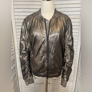 Muuba Silver Leather Metallic Lambskin Bomber Jacket Size 8